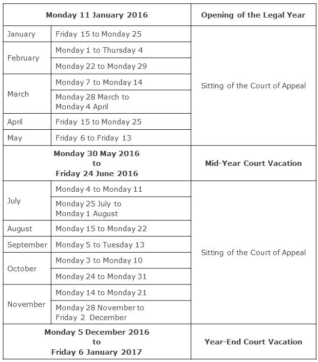 Supreme Court Calendar 2016